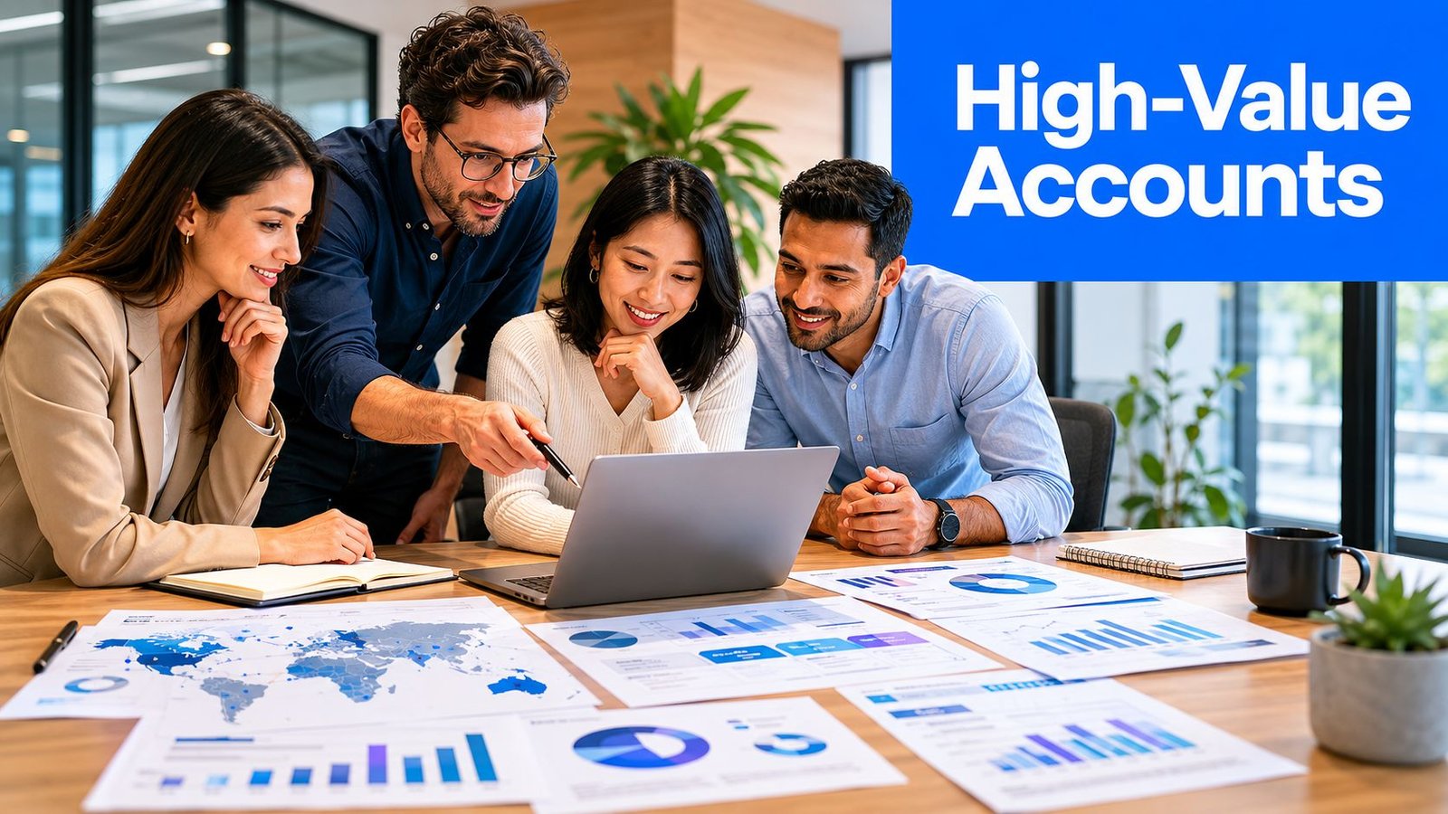 A diverse business team collaborating on B2B SaaS marketing strategies while analyzing charts and data on laptops.