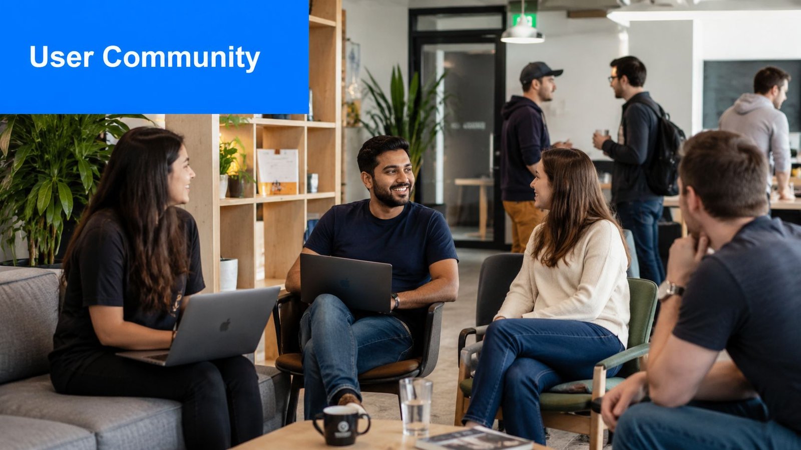 A diverse group of professionals working and collaborating together in a modern, casual office lounge setting.