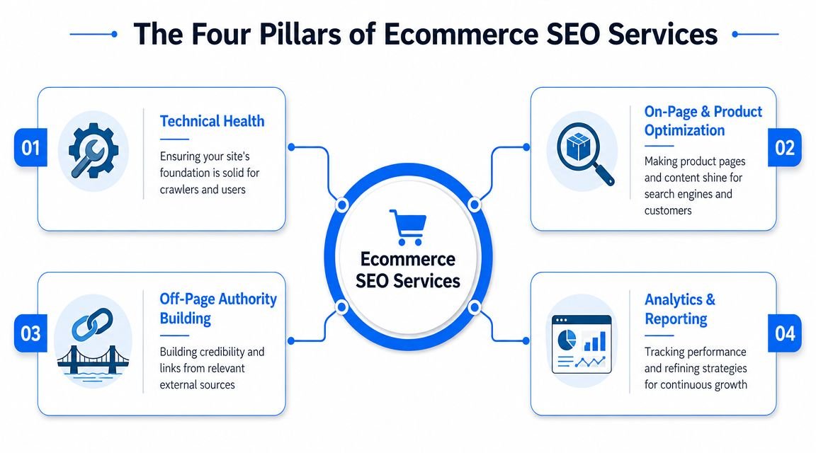 A diagram illustrating the four pillars of ecommerce SEO services including technical health, on-page optimization, authority building, and analytics.