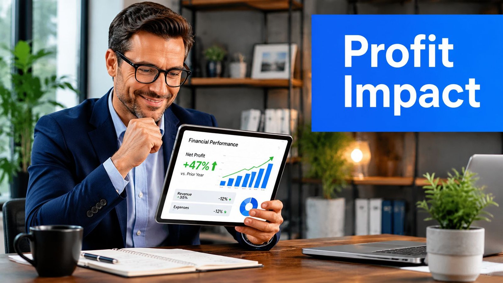 A smiling businessman looking at a tablet showing positive financial performance charts and graphs in an office.
