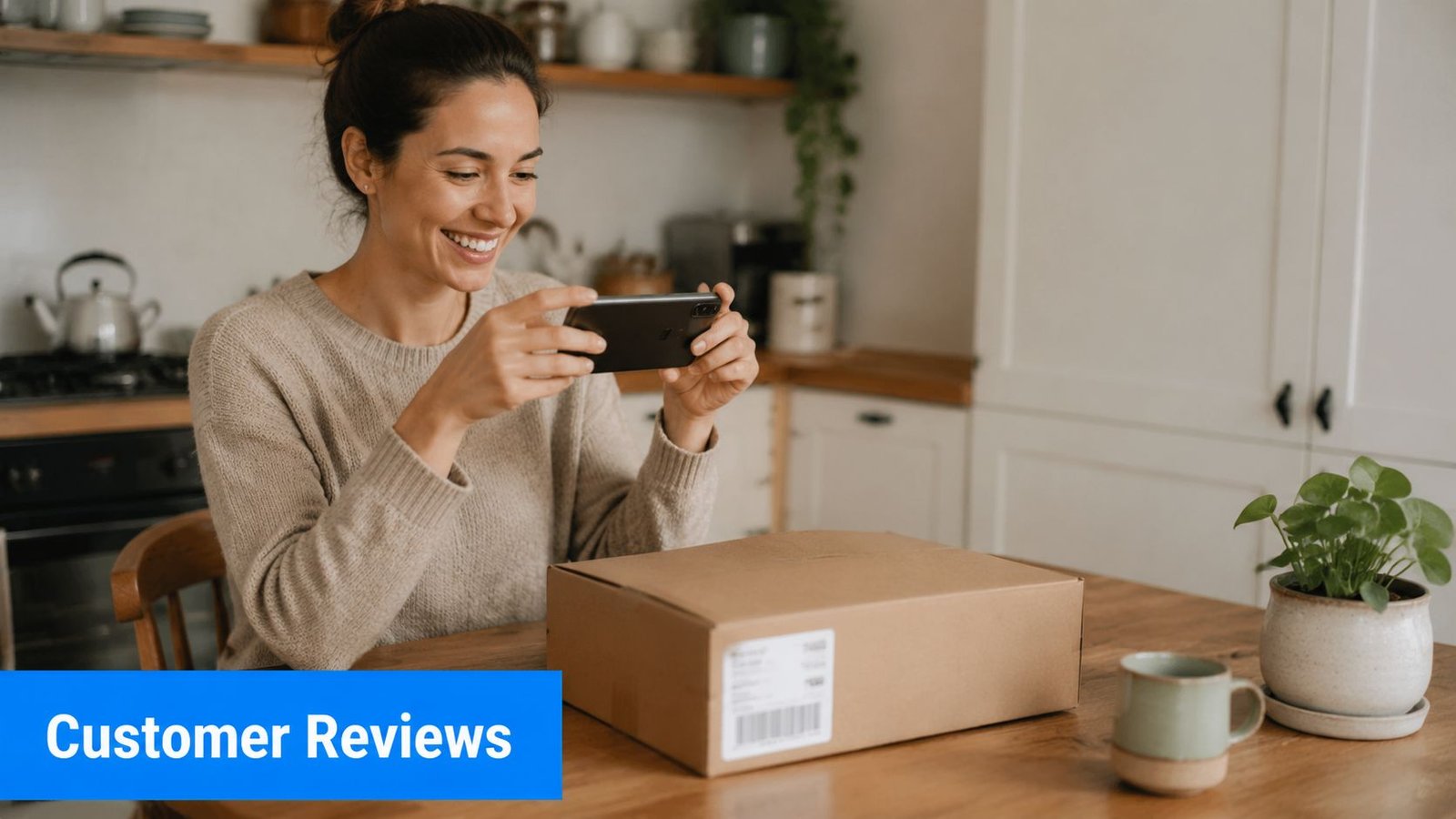 A smiling woman sitting at a table taking a photo of her delivered cardboard package.