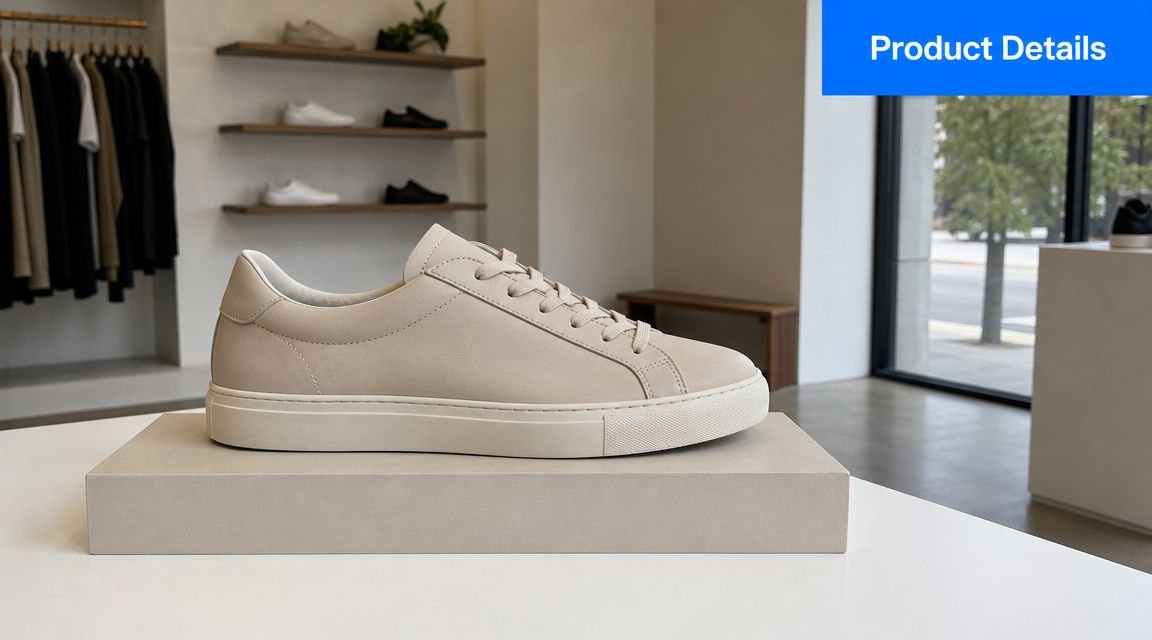 A minimalist beige sneaker displayed on a rectangular pedestal inside a modern, clean-lined boutique retail store.