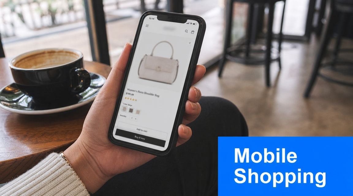 A person holding a smartphone showing an ecommerce website product page for a women's shoulder bag.