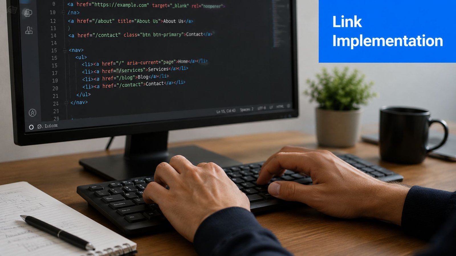 A person writing HTML code for links on a computer screen in an office workspace setting.