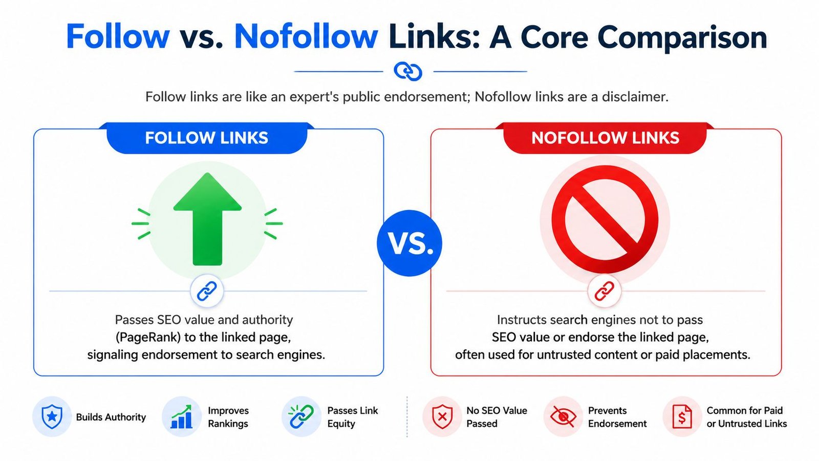 A comparison infographic showing how follow links pass SEO authority and nofollow links do not.