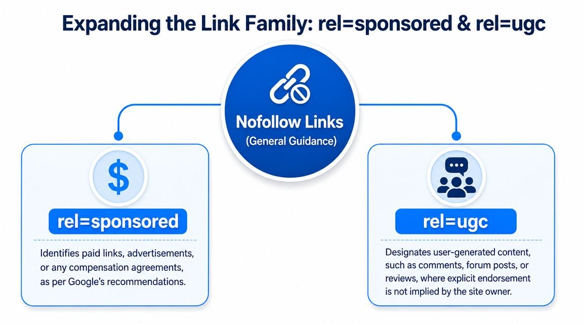 A diagram explaining the rel attribute values for links, specifically sponsored and ugc for nofollow guidelines.