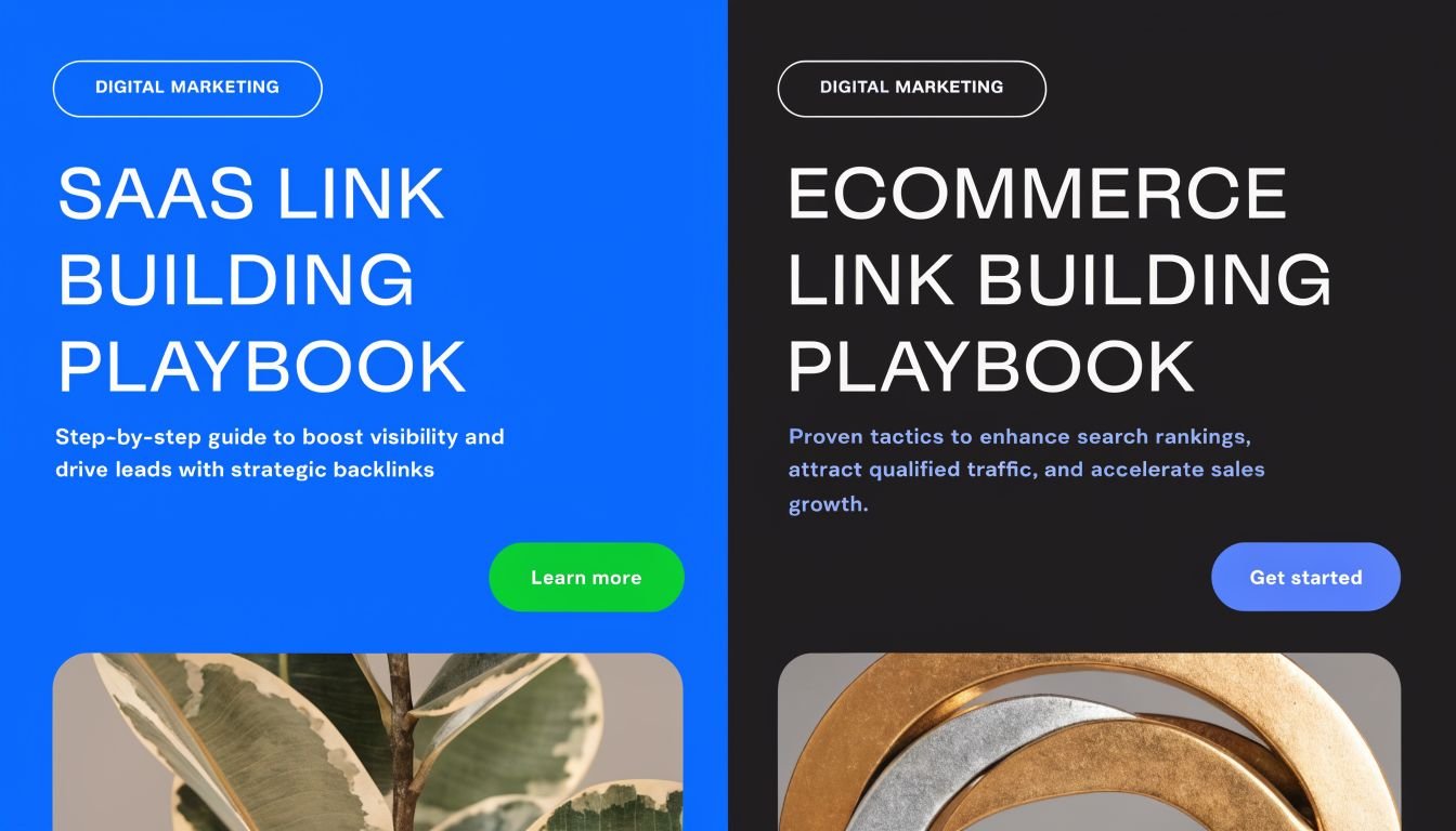 A split-screen design featuring a SaaS link building playbook and an ecommerce link building playbook guide.