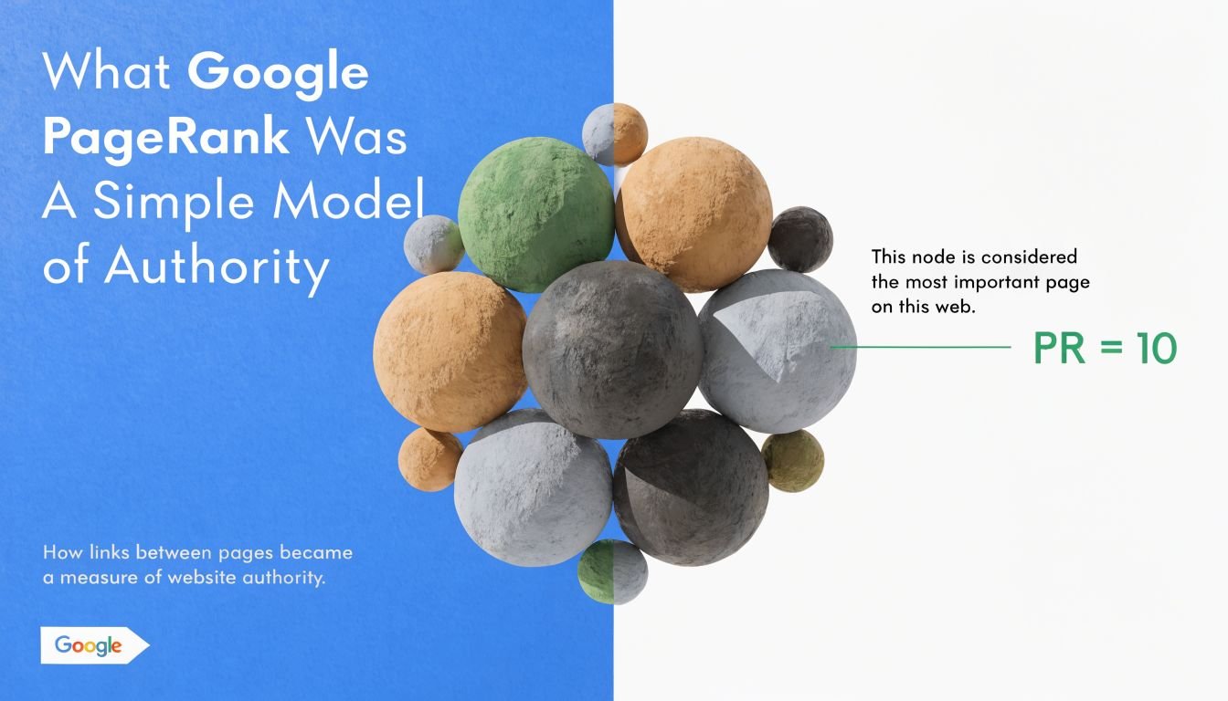 A conceptual graphic illustrating Google PageRank as a network of connected spheres representing website authority.