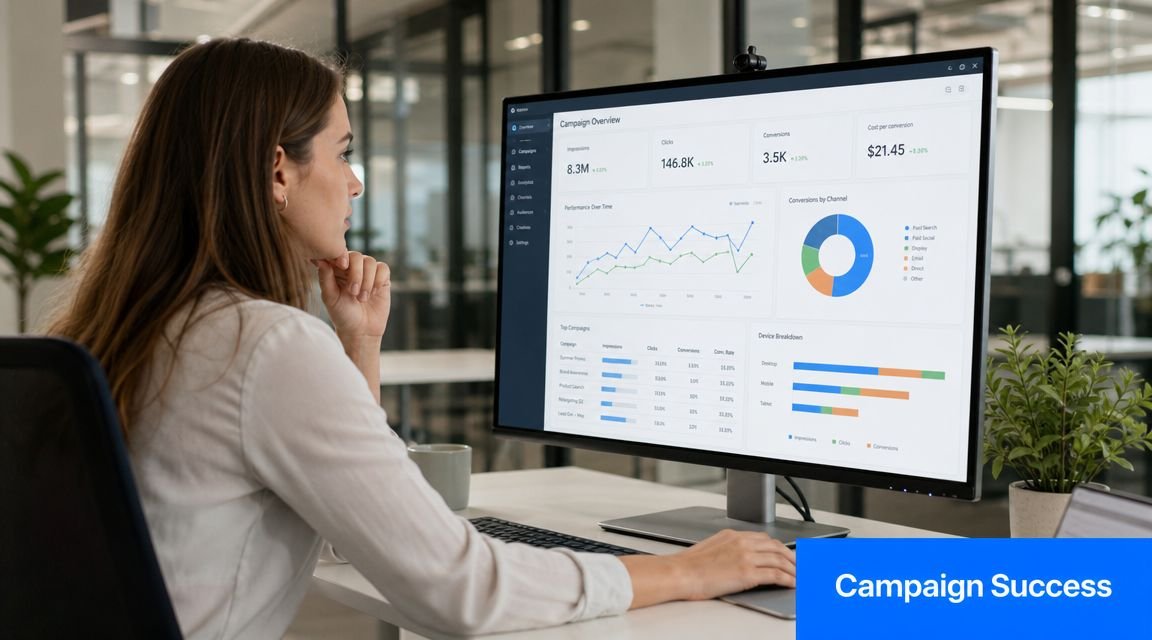 A professional woman analyzing digital marketing metrics on a computer monitor in a modern office workspace.