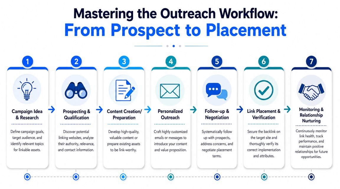 A flow chart illustrating the seven steps of a successful link building and outreach workflow process.