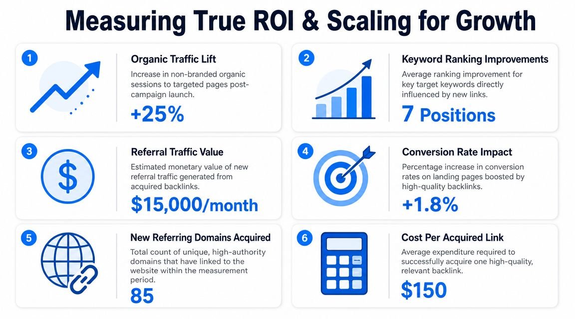 A performance report infographic showing six metrics for measuring link building program ROI and growth results.