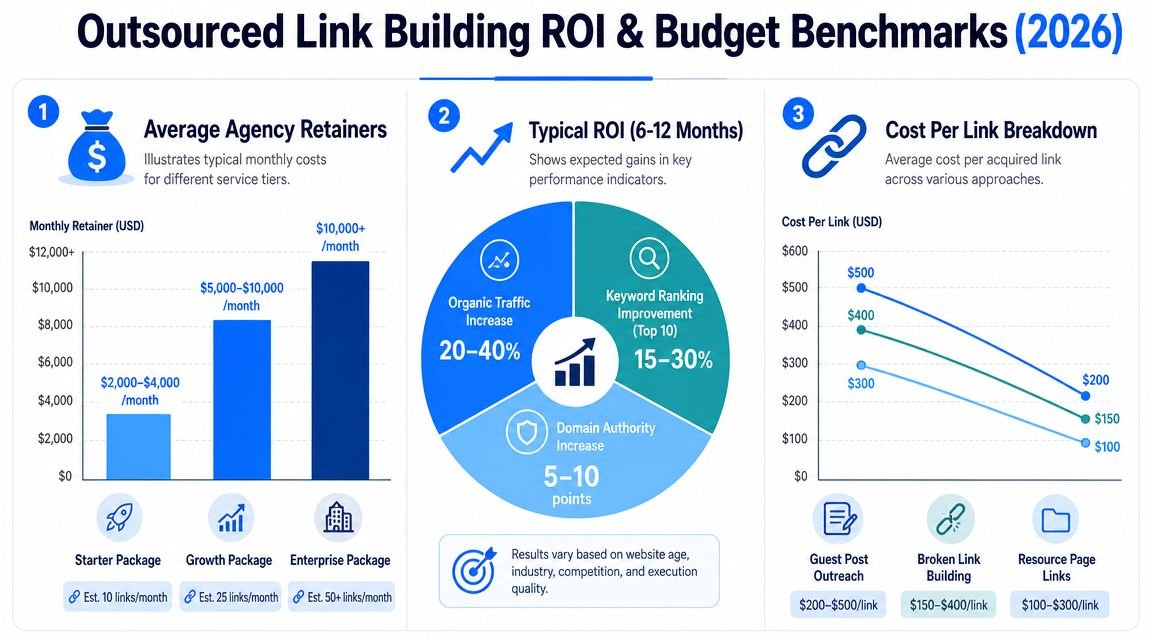 An infographic showing outsourced link building ROI and budget benchmarks for 2026 including service packages and costs.