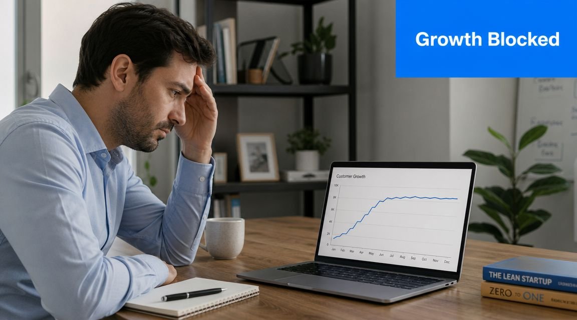 A frustrated businessman looking at a stagnant customer growth chart on his laptop in an office.