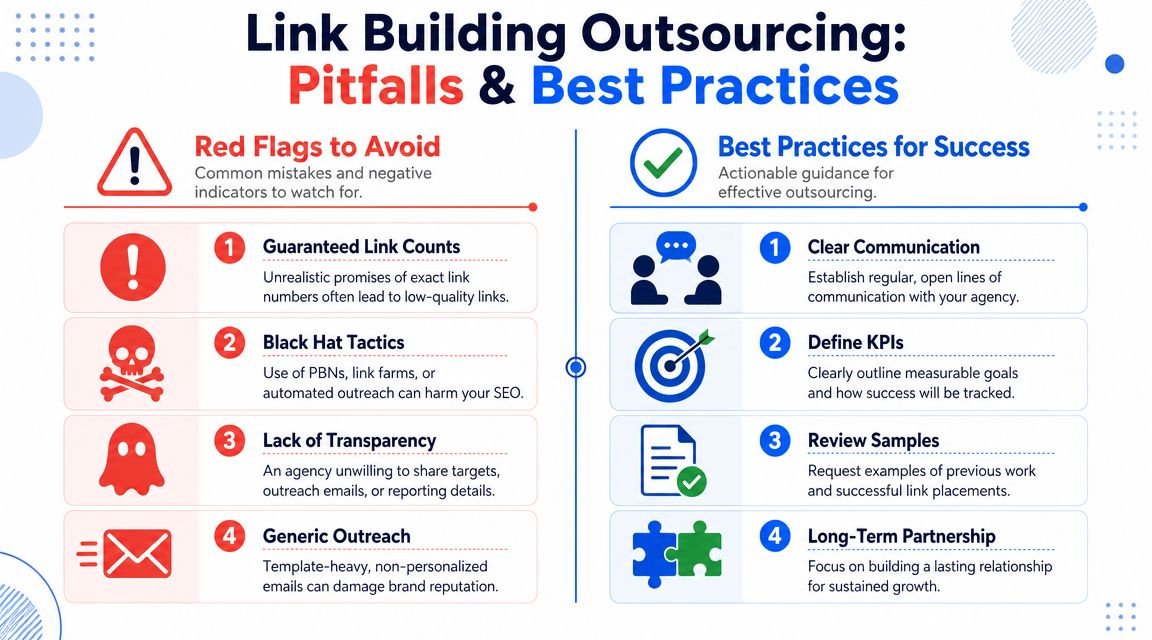 An infographic detailing red flags and best practices for businesses looking to outsource link building services successfully.