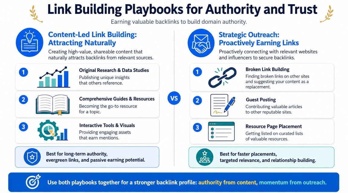 A strategic comparison infographic detailing content-led link building methods versus proactive outreach techniques for search engine optimization.