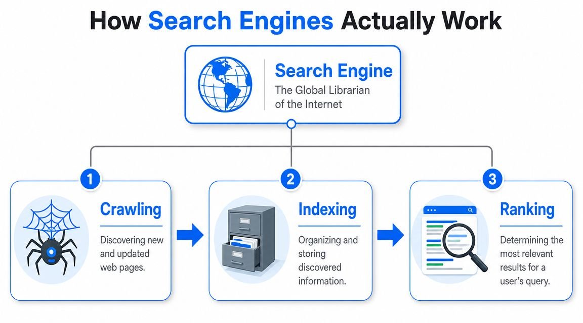 A diagram illustrating the three core processes of search engines: crawling, indexing, and ranking web pages.