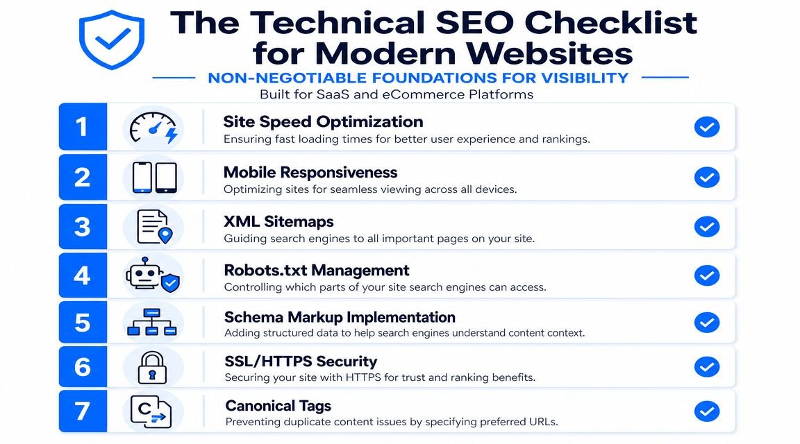 A checklist infographic titled Technical SEO for Modern Websites, outlining seven essential steps for website optimization.