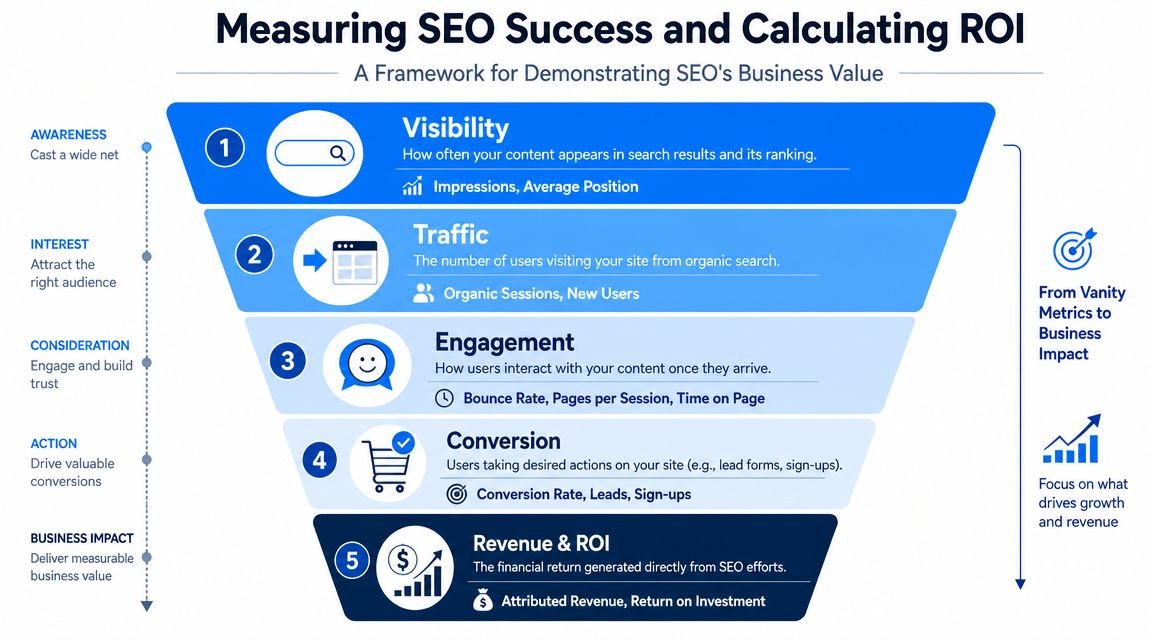 A marketing funnel infographic illustrating five steps to measure SEO success and calculate return on investment.