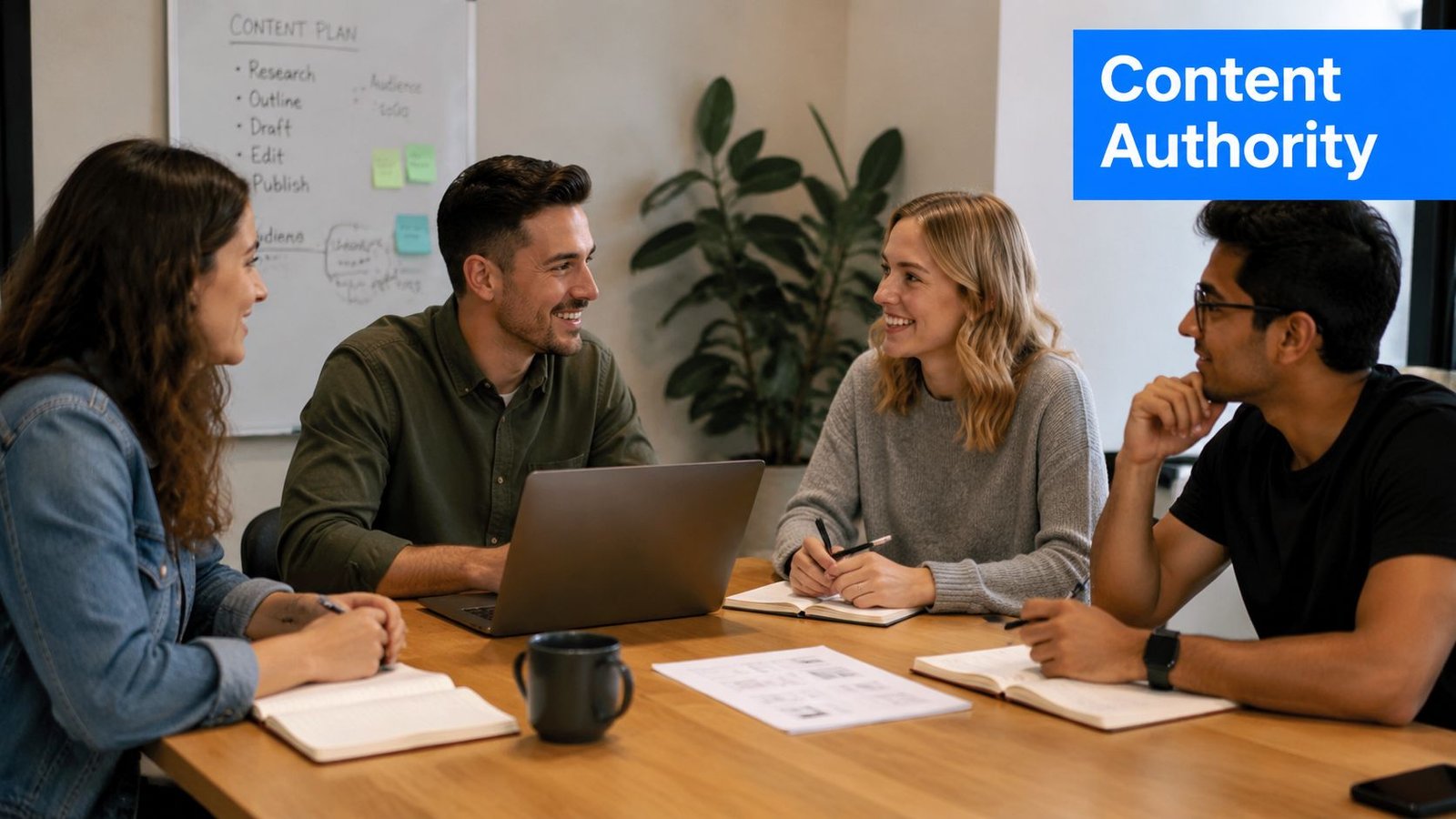 A diverse team of professionals collaborating on a website auditing checklist in a modern office meeting room.