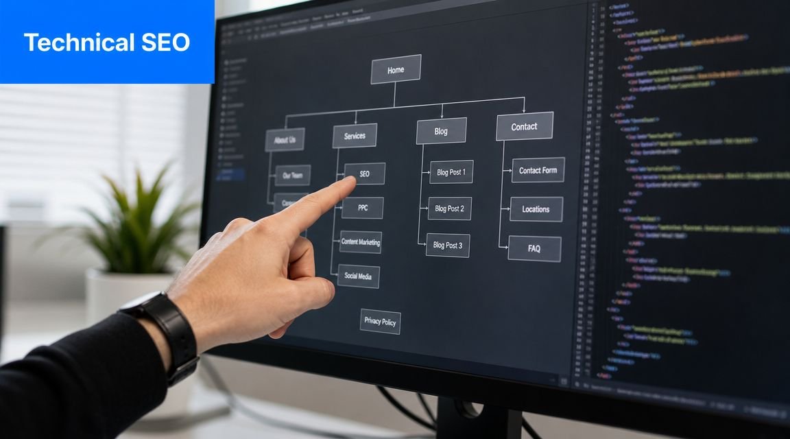 A professional analyzing a website site architecture diagram on a computer screen for technical SEO improvements.