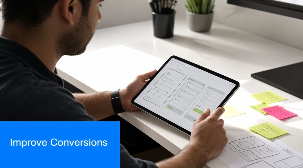 A professional designer reviewing website wireframes and conversion strategies on a digital tablet at his desk.