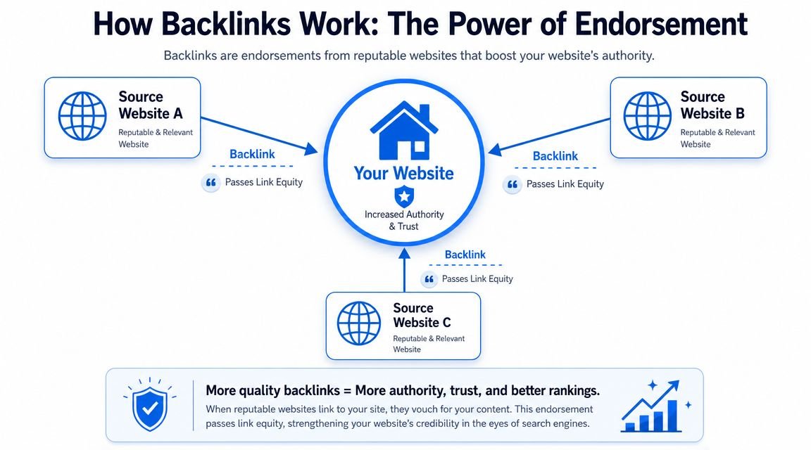 A diagram illustrating how backlinks from reputable websites increase your website's authority, trust, and search engine rankings.
