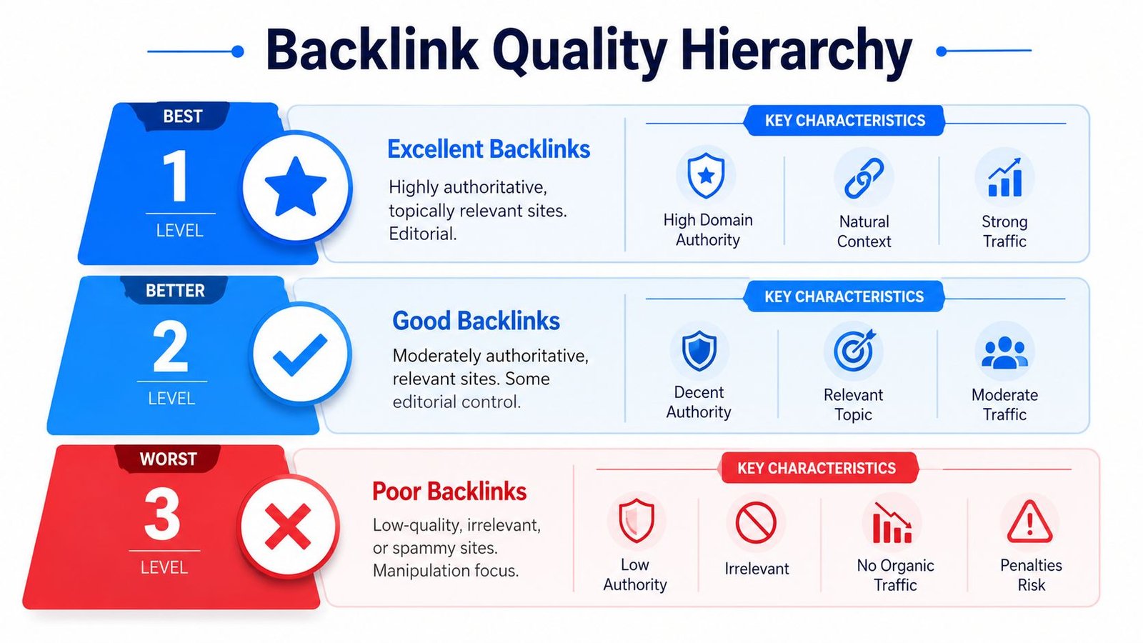 A hierarchy chart displaying three levels of backlink quality from excellent to poor with key characteristics.