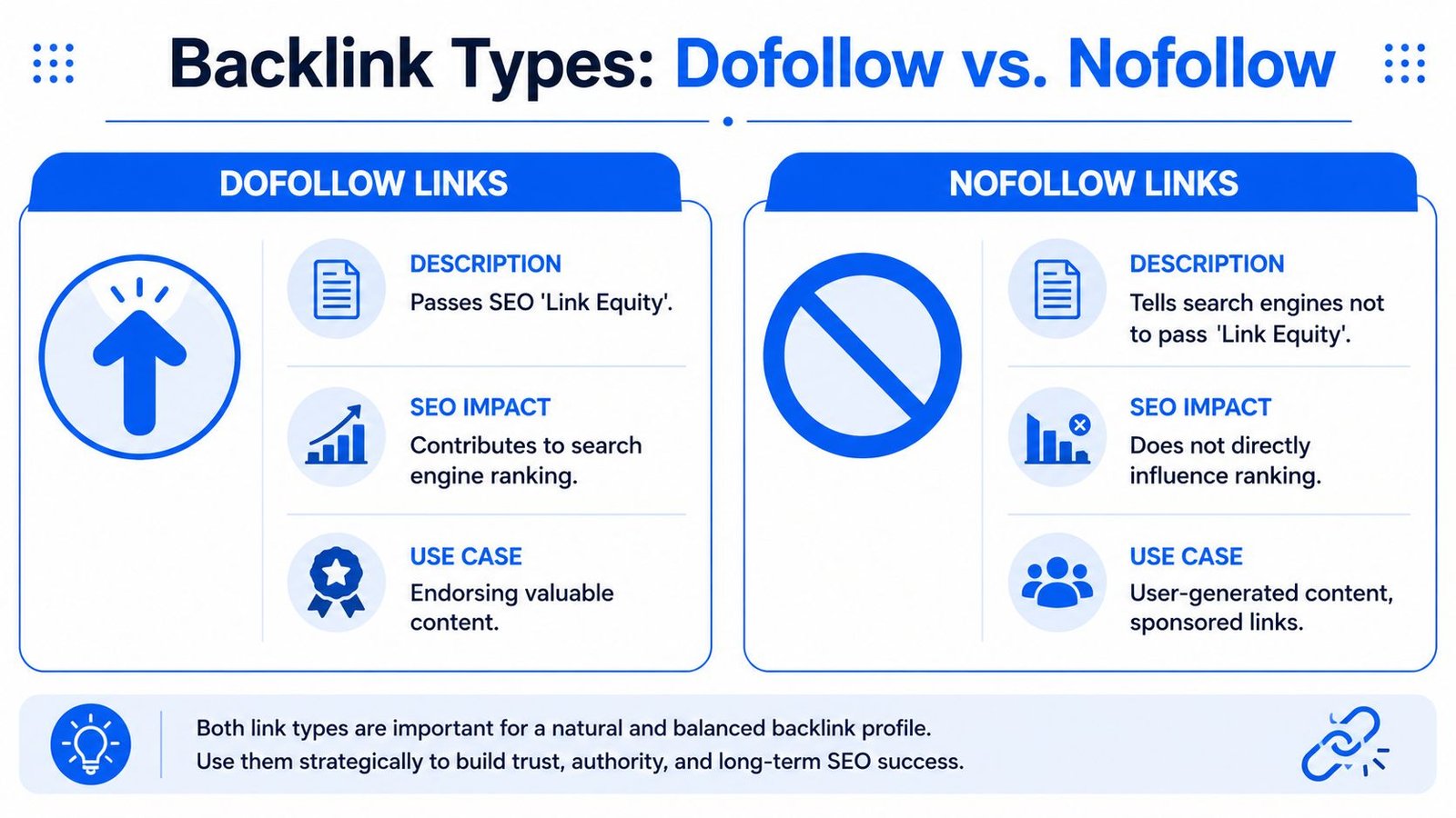 A comparison infographic between dofollow and nofollow links, highlighting their SEO impact, descriptions, and use cases.