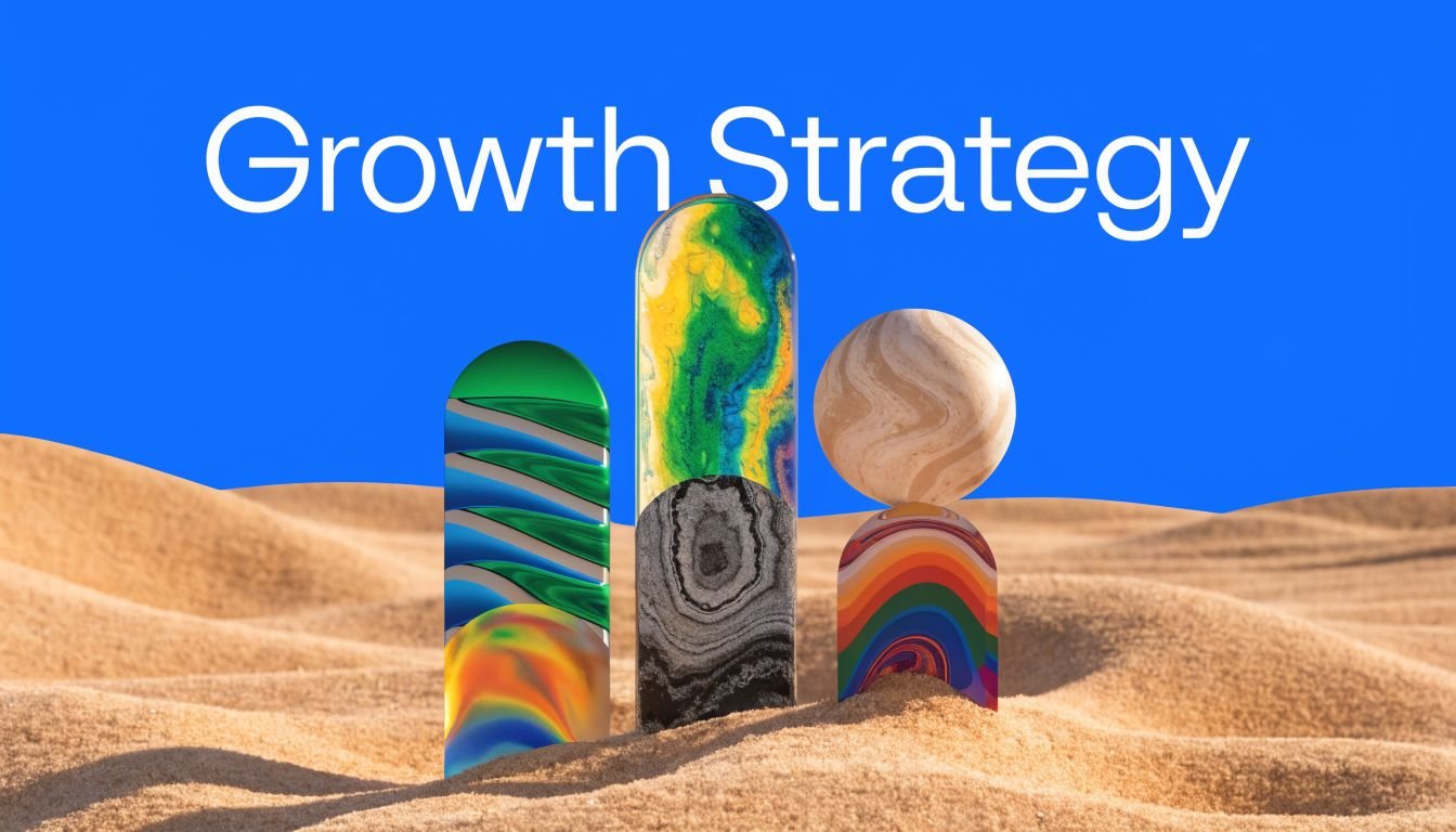 Abstract 3D shapes on sand dunes under a blue sky with the text Growth Strategy above.