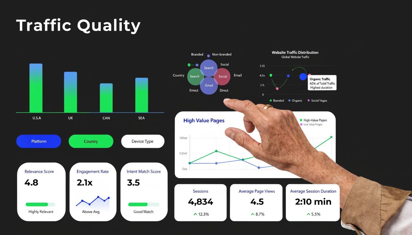 A digital dashboard displaying website traffic quality metrics including traffic sources, high value pages, and engagement scores.