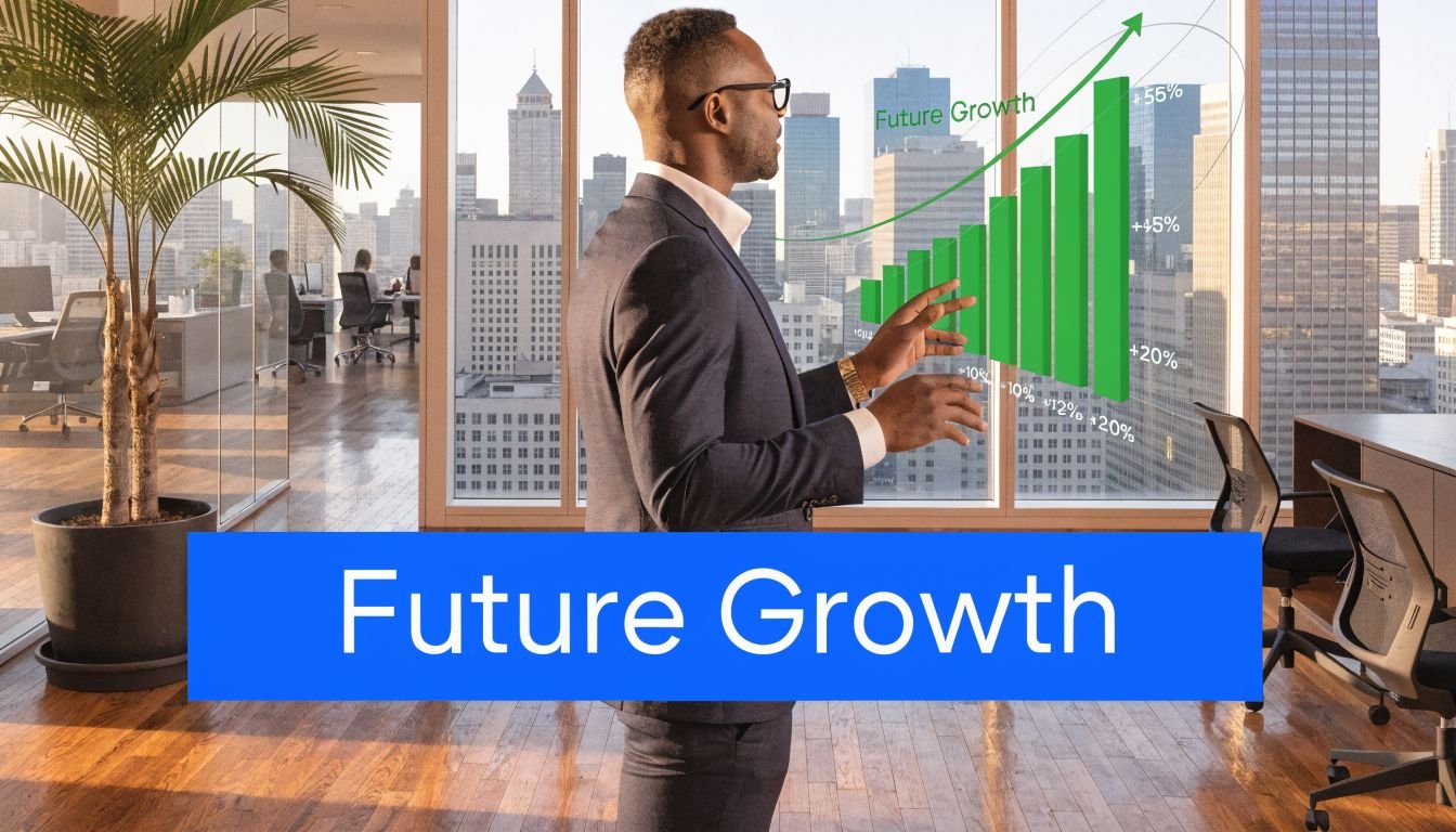 A professional man interacting with a digital holographic bar chart representing future growth in an office setting.