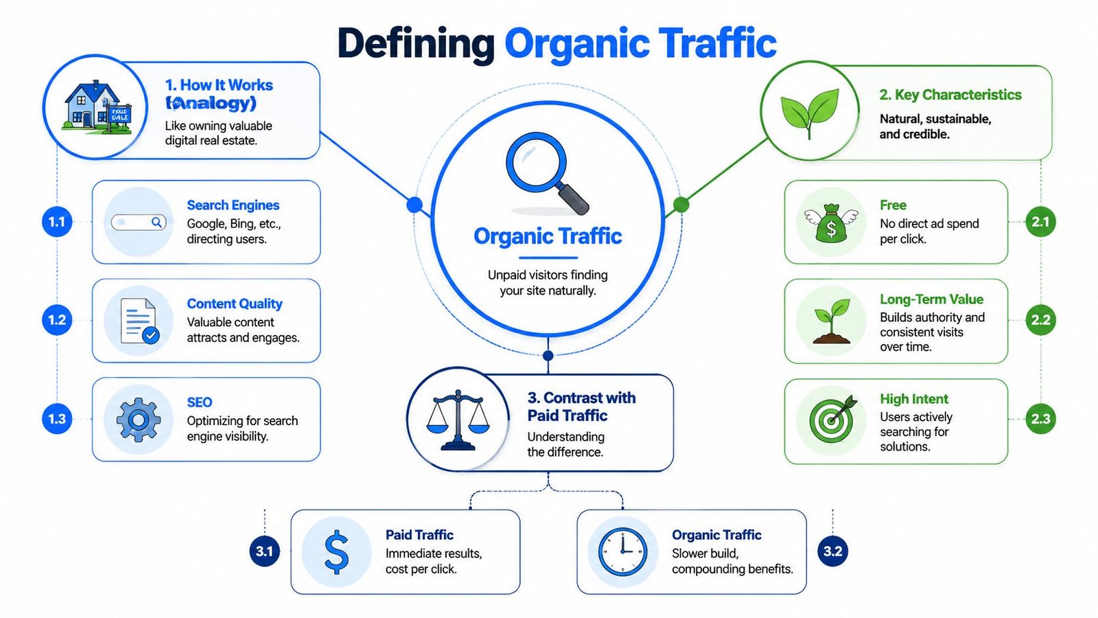 An infographic titled Defining Organic Traffic illustrating its mechanisms, characteristics, and contrast with paid traffic methods.