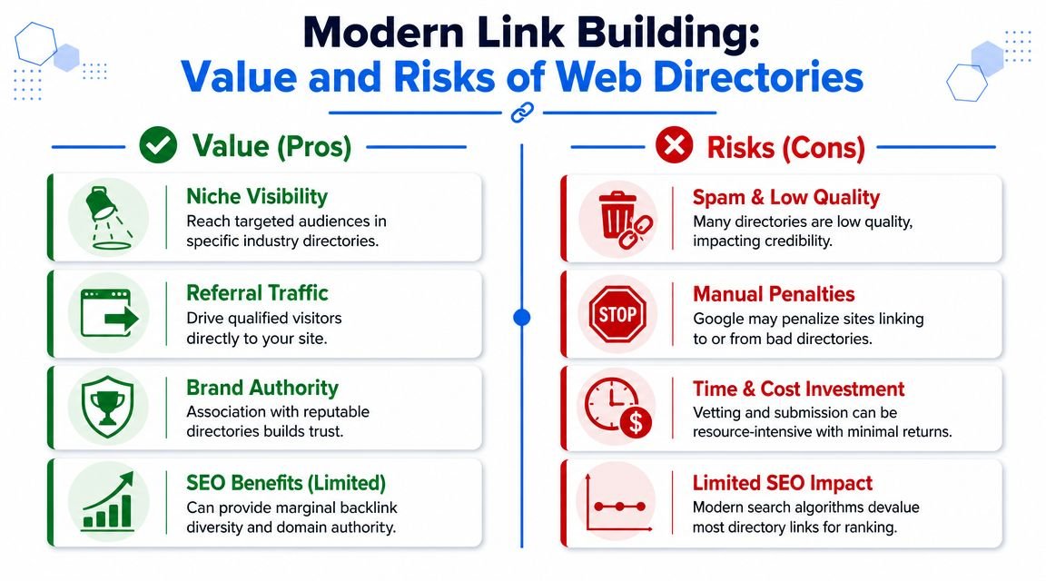 An infographic comparing the pros and cons of using web directories for modern SEO link building strategies.