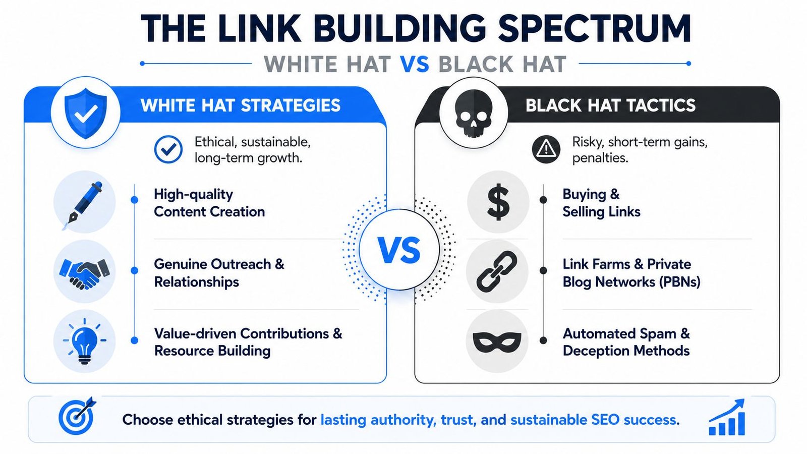An infographic comparing ethical white hat link building strategies with risky black hat SEO tactics.
