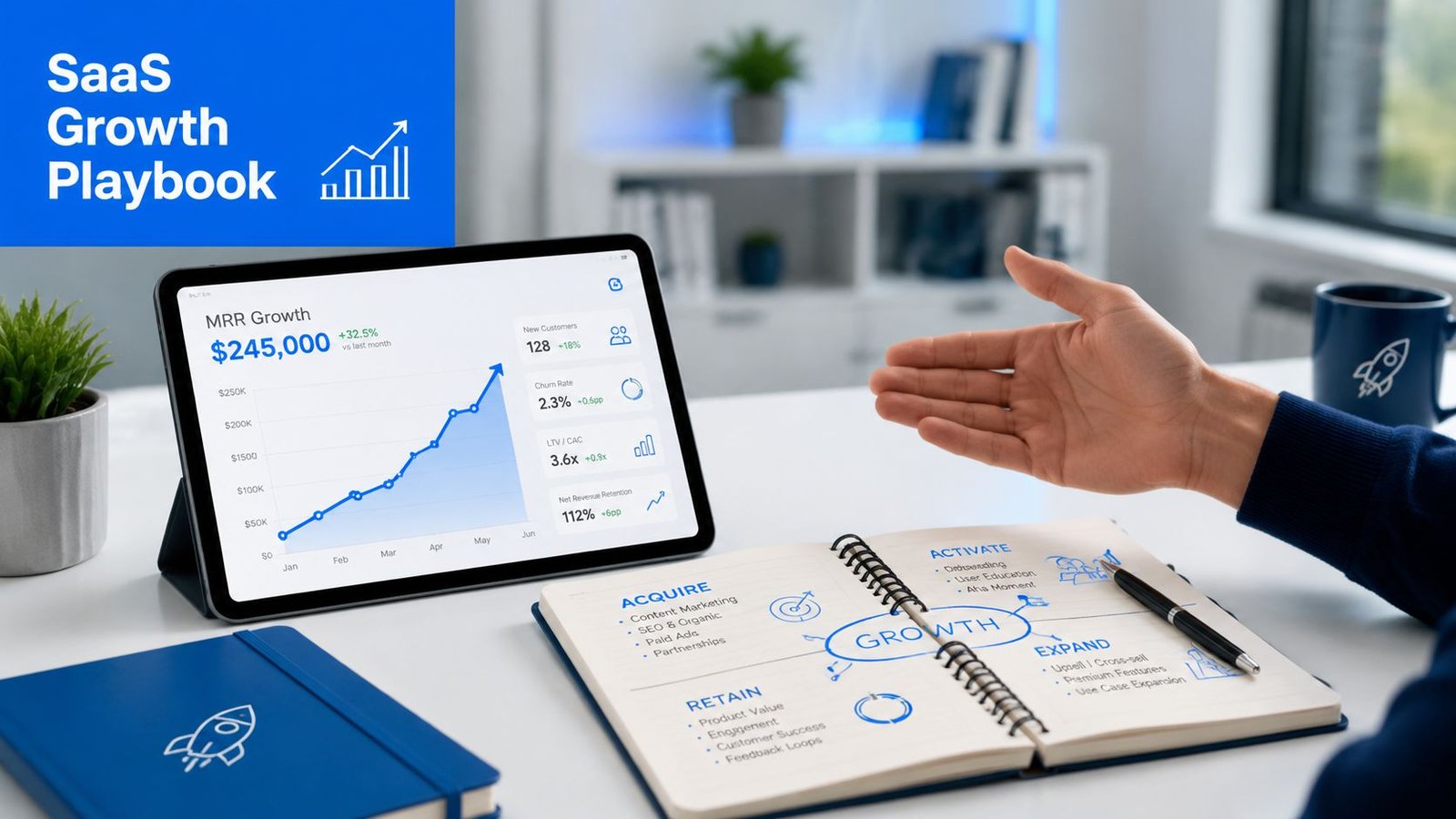 A professional desk setup featuring a tablet displaying SaaS growth metrics next to a growth strategy notebook.
