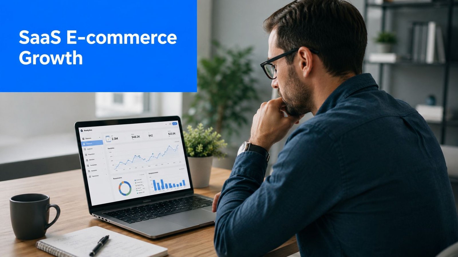 A professional man with glasses observing e-commerce analytics charts on his laptop screen while working at home.
