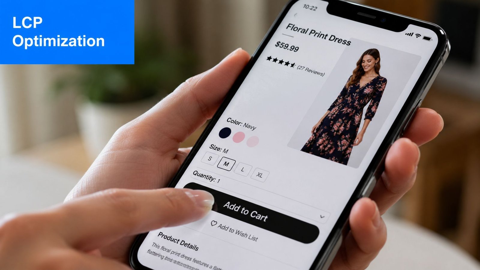 A close up view of a hand holding a smartphone showing an ecommerce product page for optimization.
