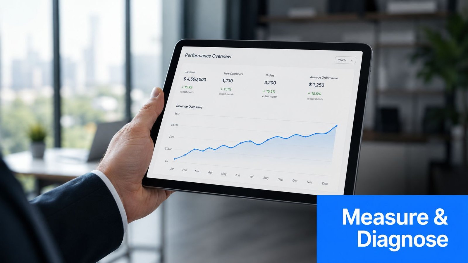 A professional holding a tablet displaying a business performance dashboard with revenue and customer growth data.