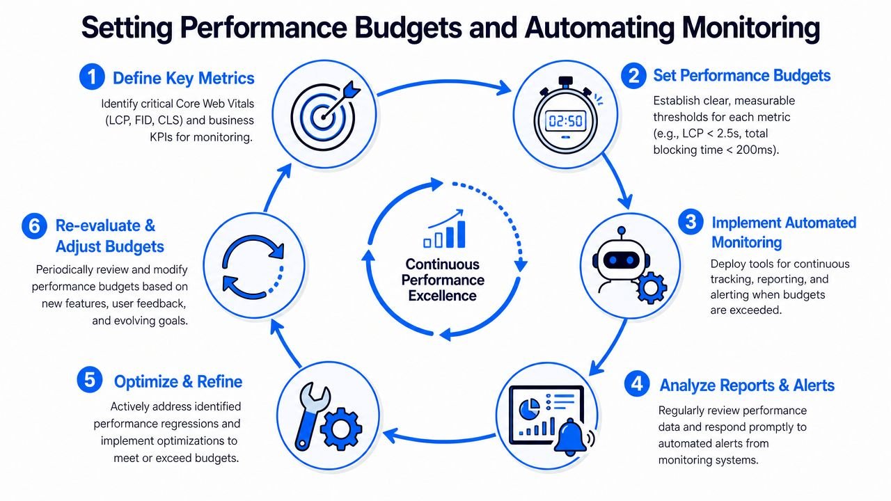 A circular diagram illustrating the six-step process for setting performance budgets and automating web monitoring.