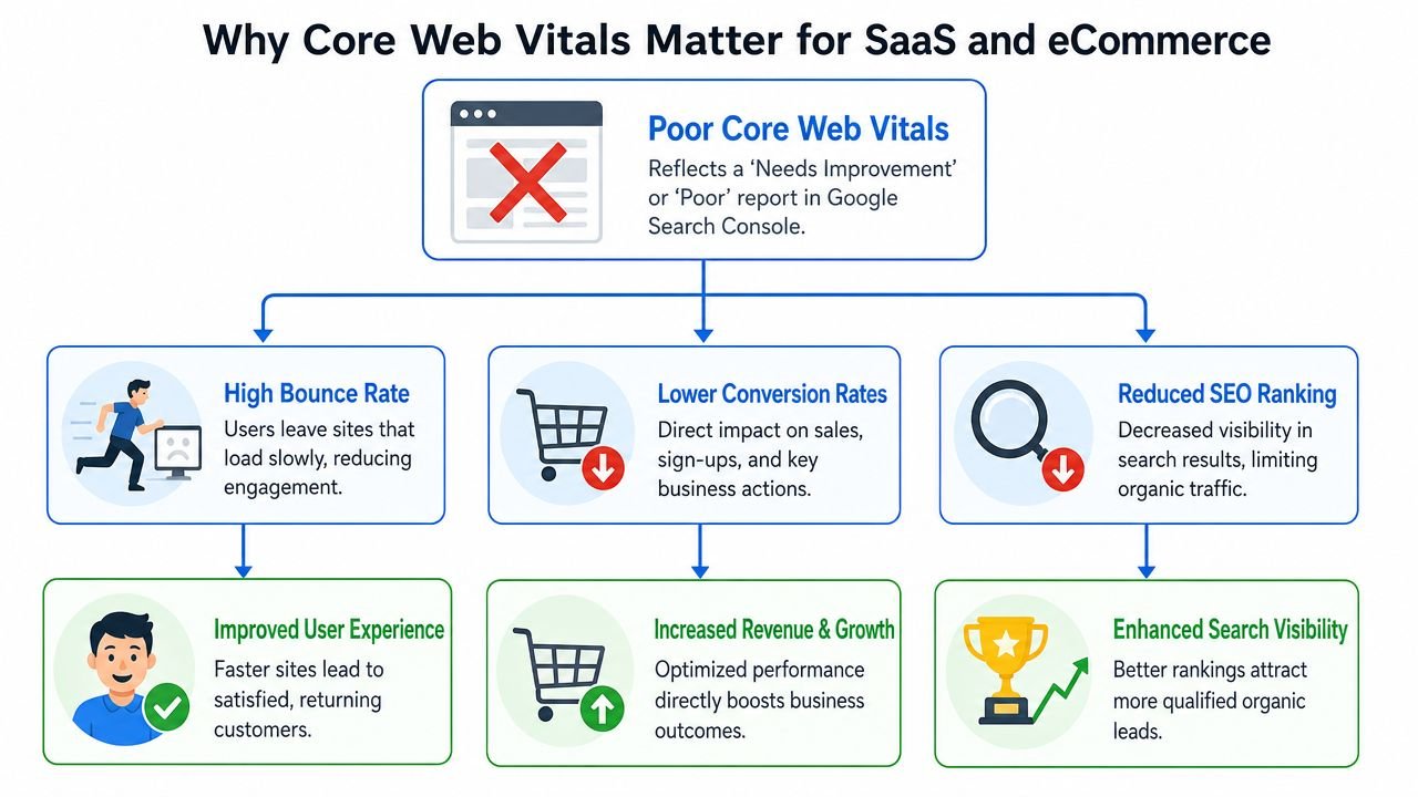 A diagram illustrating how poor Core Web Vitals negatively impact user experience, conversion rates, and SEO rankings.