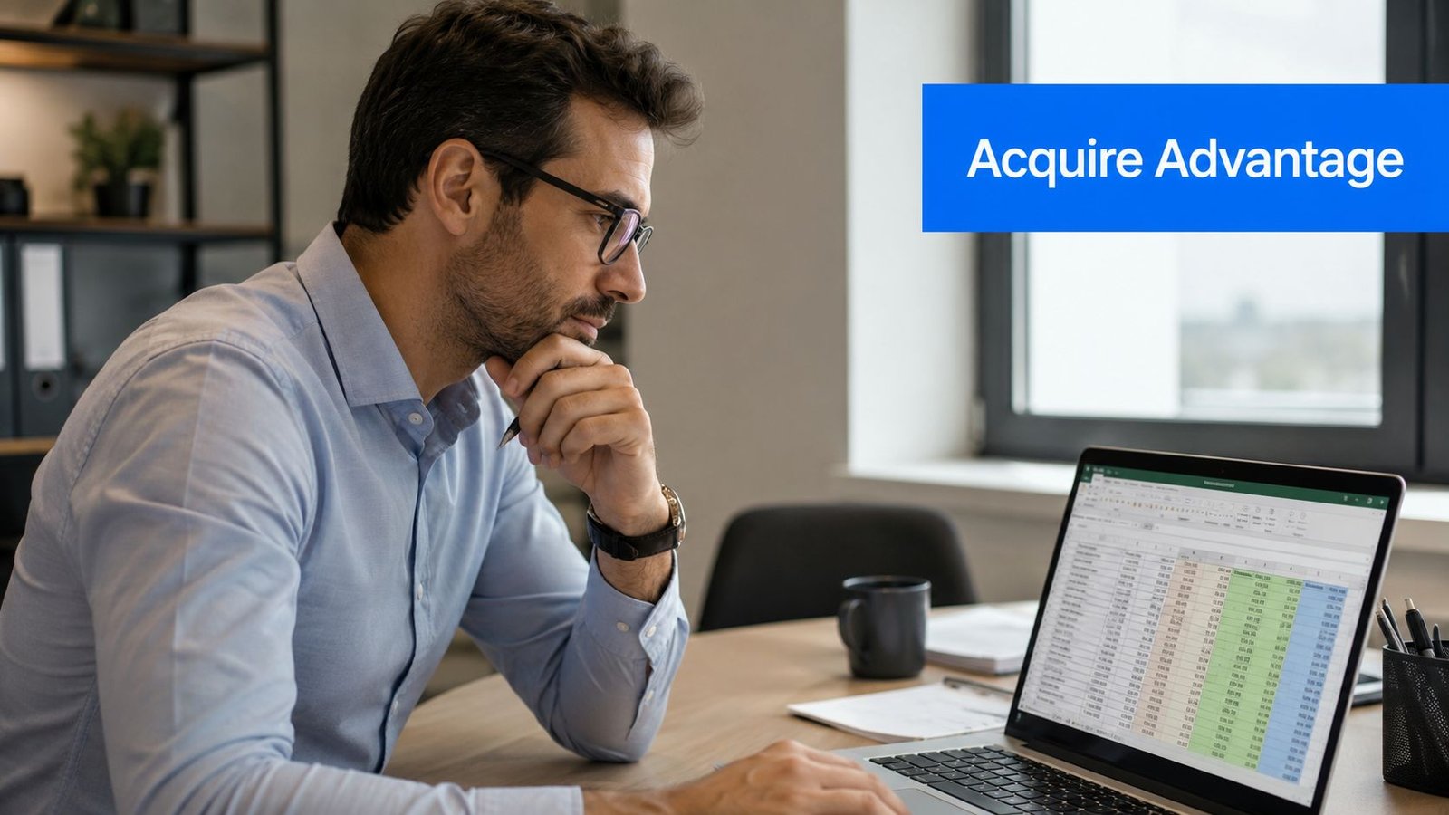 A professional man wearing glasses reviews data on a laptop in a bright office environment.