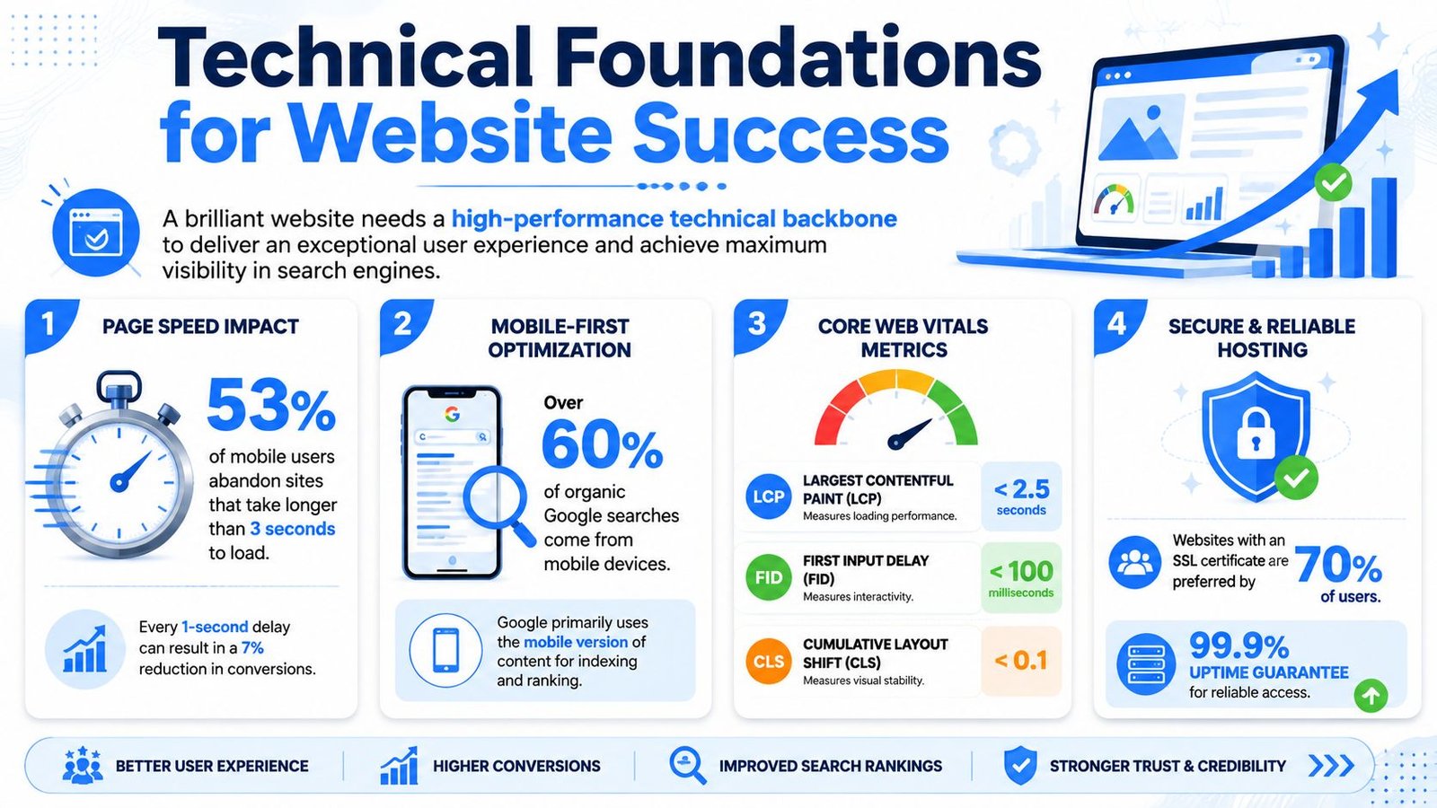 An infographic titled Technical Foundations for Website Success, highlighting four key elements for high-performance websites.