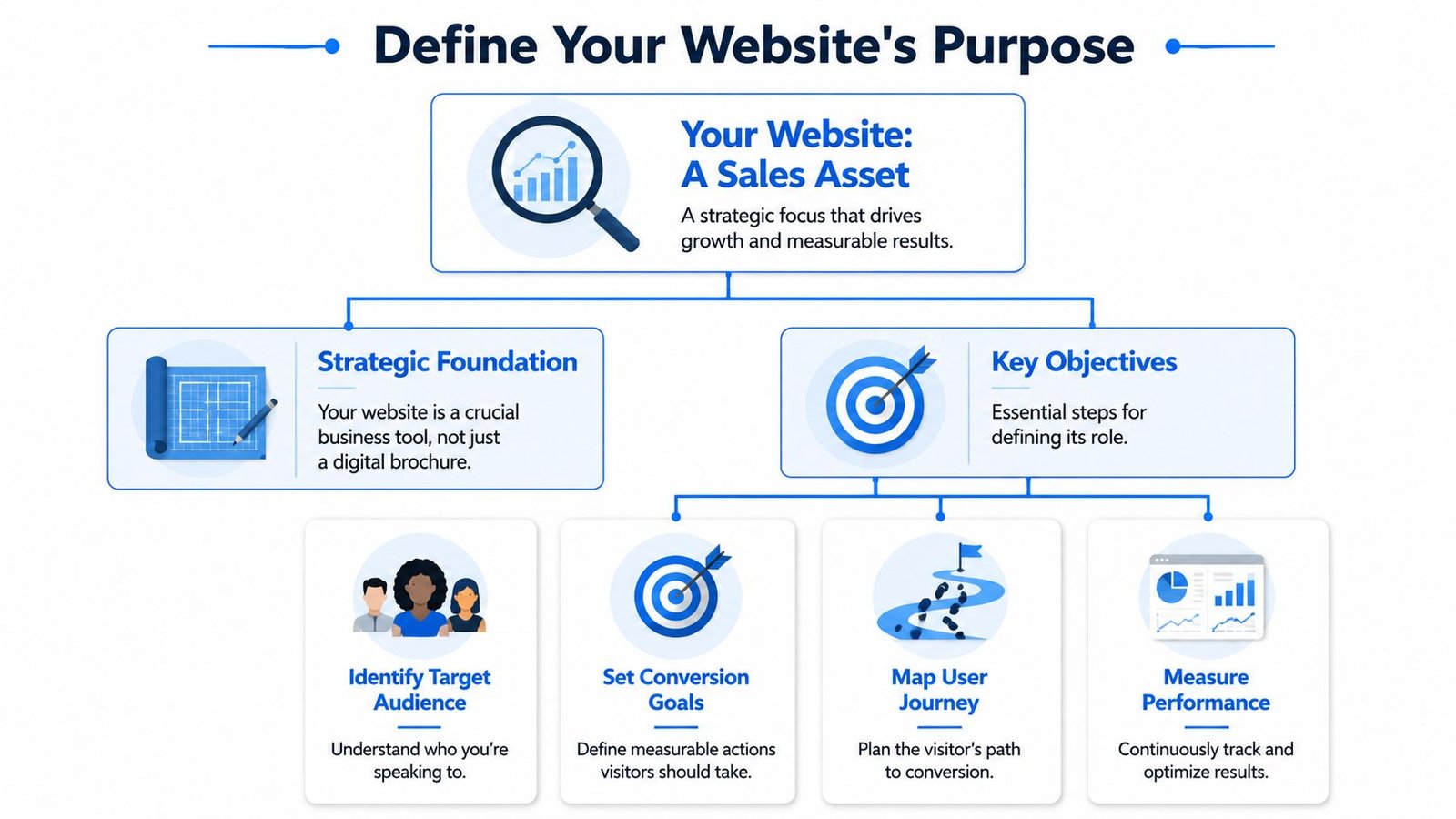 A flowchart diagram explaining how to define a website purpose as a strategic sales asset for businesses.