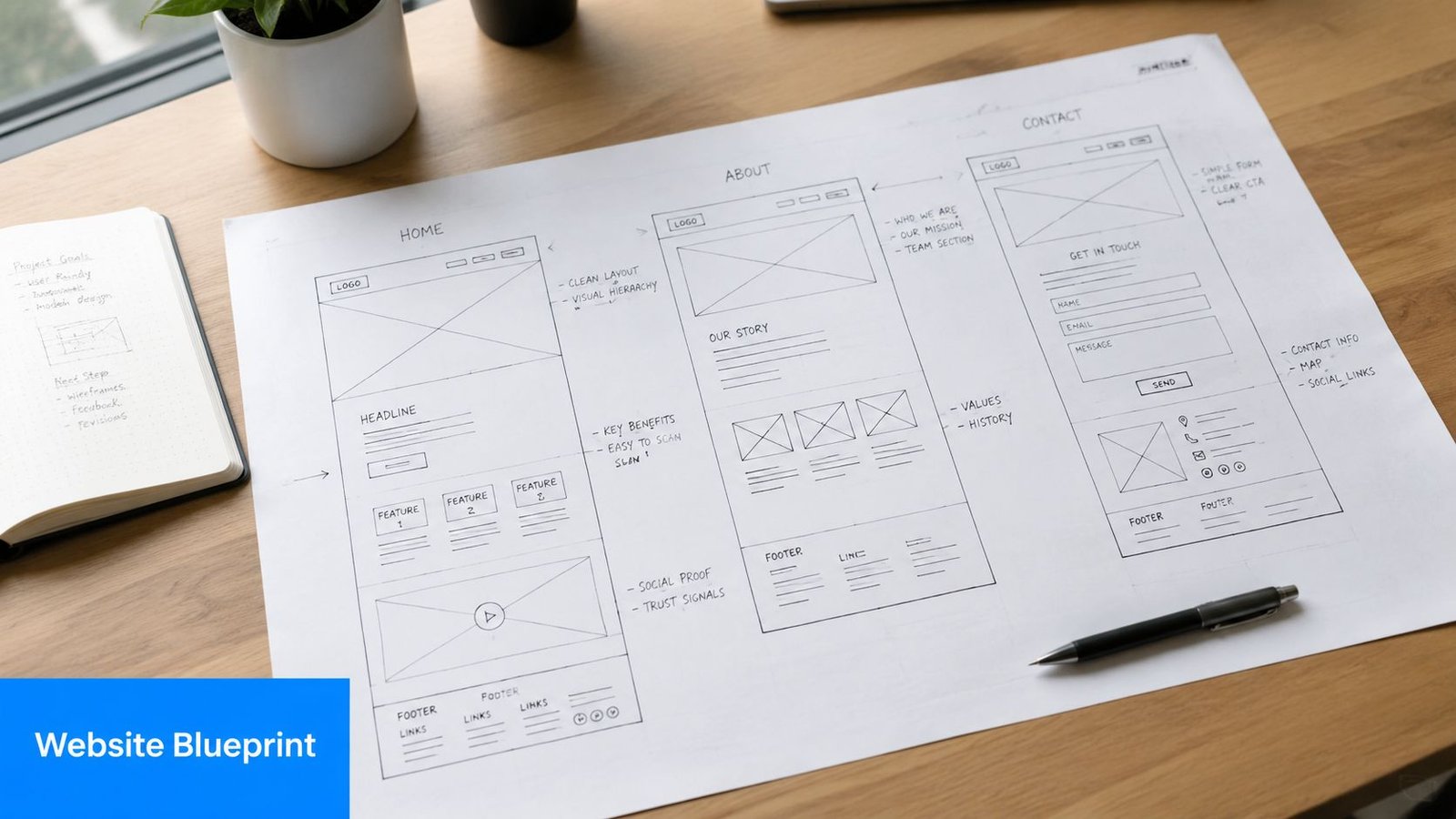 A hand-drawn wireframe blueprint of a website interface on a desk with a pen and notebook.
