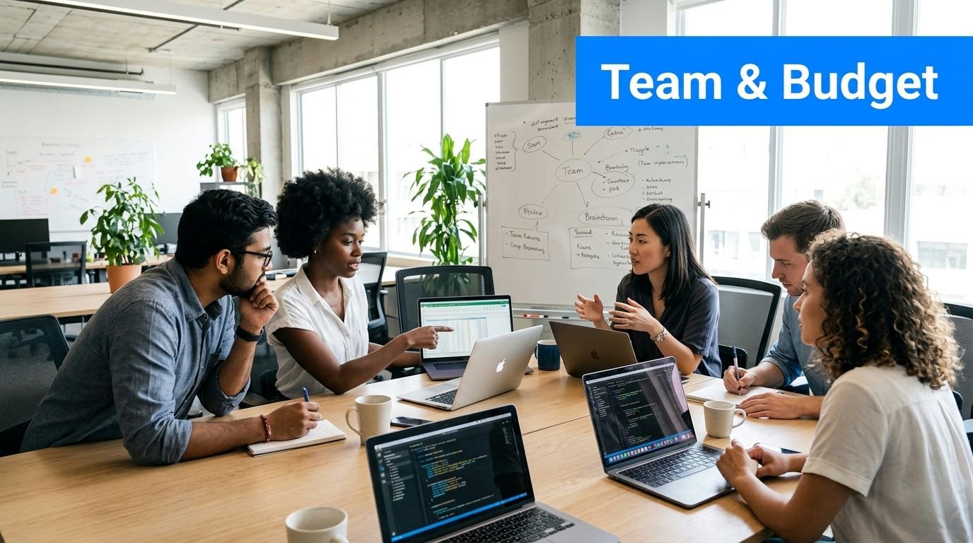 A diverse team of professionals collaborate on digital marketing projects in a modern, bright office meeting space.
