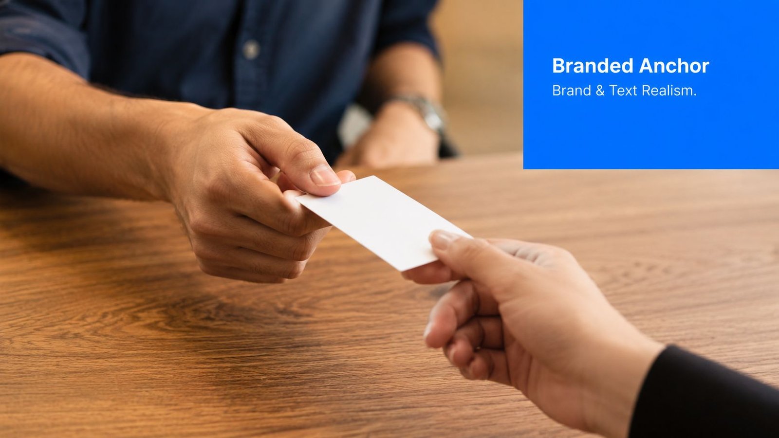 A close-up view of two people exchanging a blank business card across a wooden table.