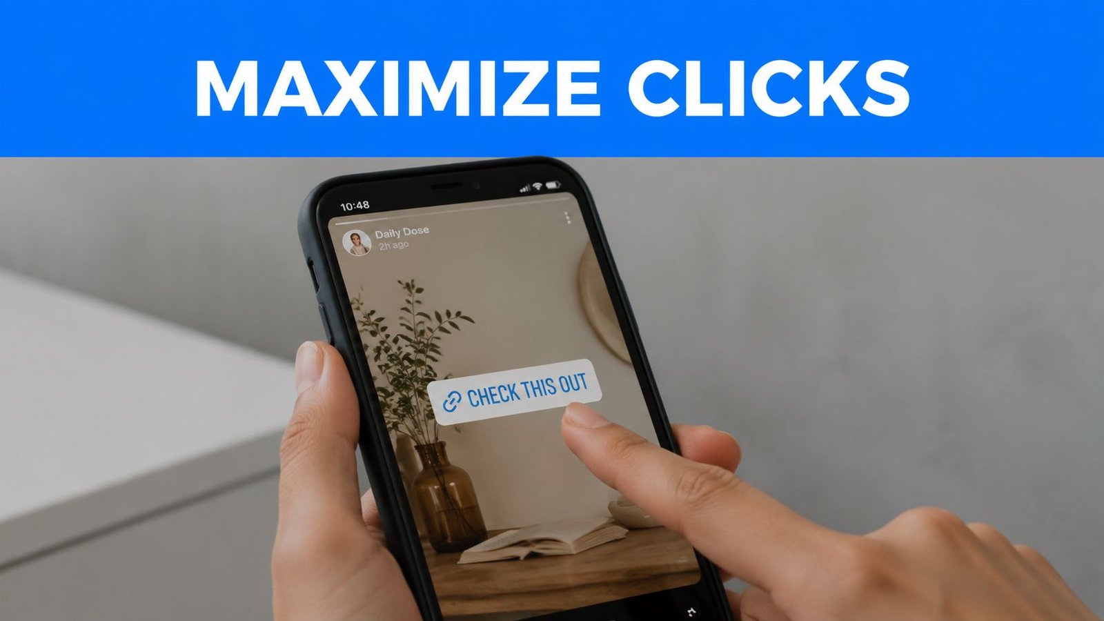 A close-up of a person touching a link sticker on a smartphone screen within a social media app.