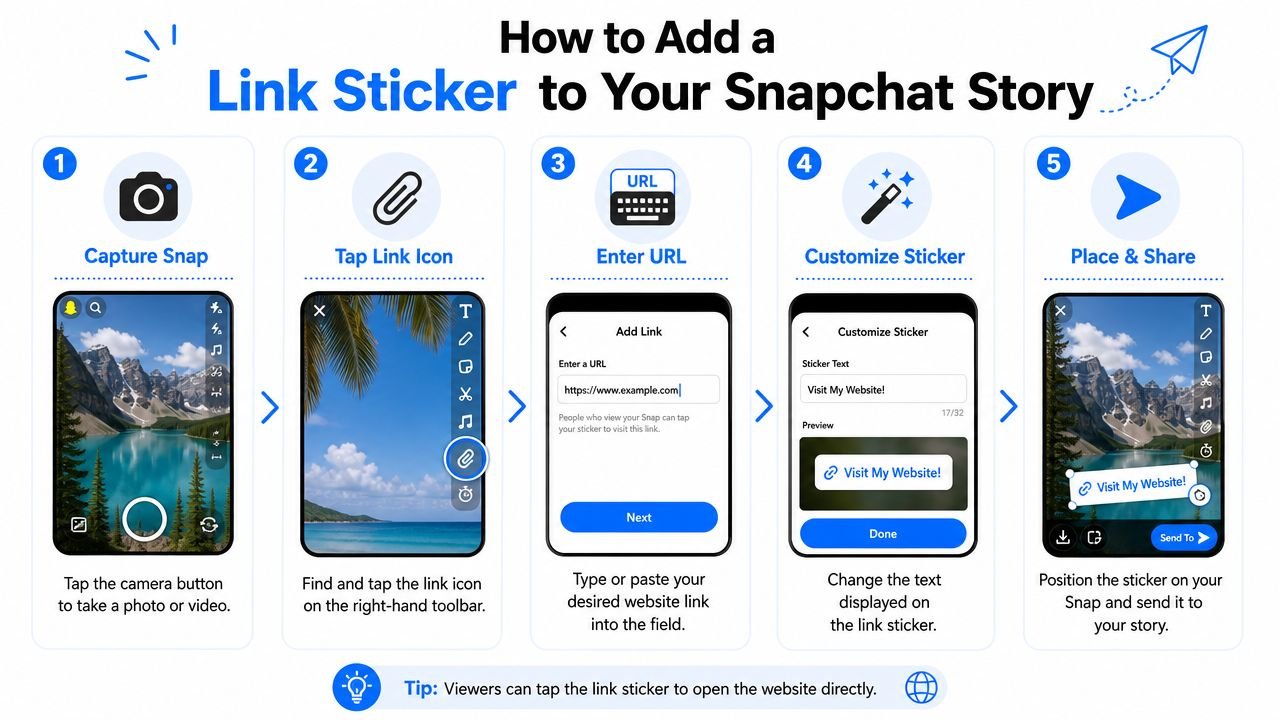 A five-step infographic guide showing how to add a clickable link sticker to a Snapchat story.