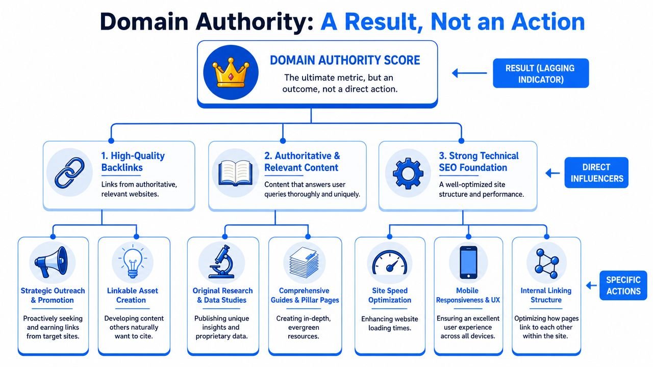 A flowchart showing how to improve domain authority through content, backlinks, and technical SEO strategies.