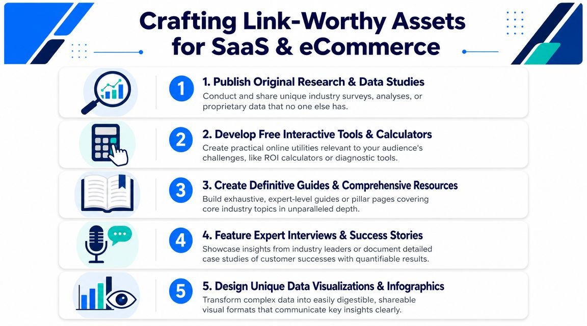 A five-point infographic detailing strategies for creating link-worthy content for SaaS and eCommerce businesses.